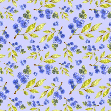 Böğürtlenli ve dikişsiz. Açık mavi arka planda yeşil yapraklar ve meyveler. Suluboya çizimi