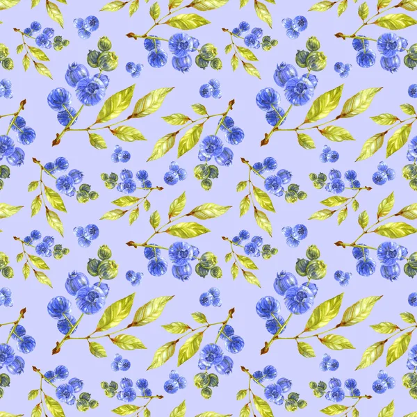 Blueberry impressão sem costura. Folhas verdes e bagas no fundo azul claro. Ilustração aquarela — Fotografia de Stock