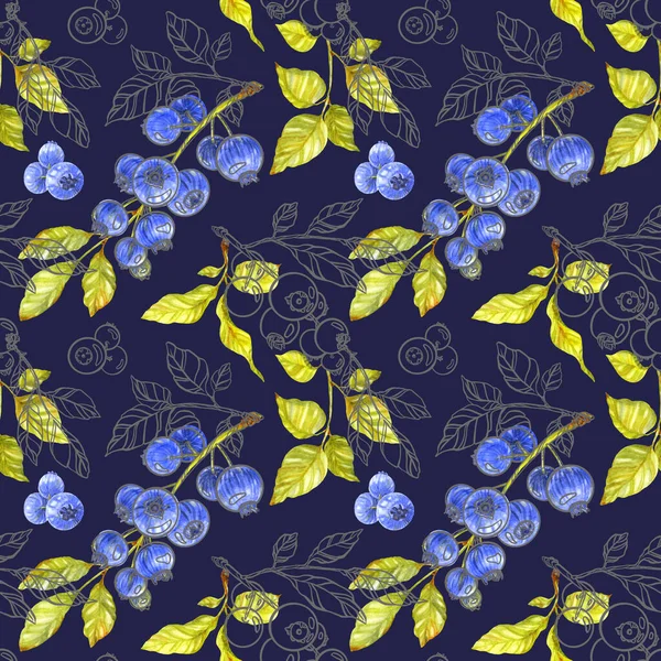 Bezešvé rostlinné vzory. Obrys a náplň větví a bobulí na námořní modři. Obrázek barvy akvarelu — Stock fotografie