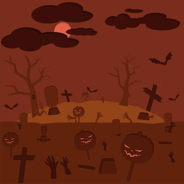 Imagem Vetorial Tema Halloween Com Abóboras Morcegos Túmulos Pessoas Mortas —  Vetores de Stock