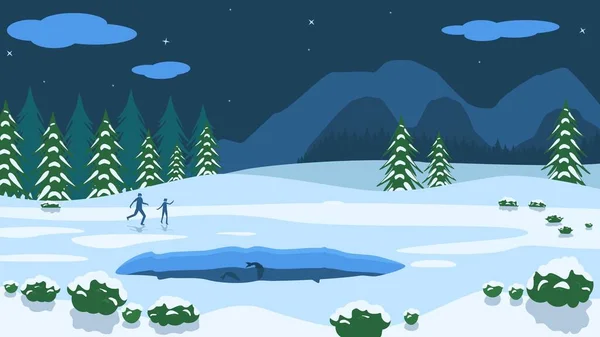 クリスマスツリー 魚が飛ぶ氷の穴がある雪景色 — ストックベクタ