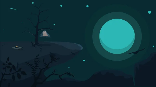 Горный Пейзаж Изображением Костра Палатка Дереве Спокойной Ночи Лунный Свет — стоковый вектор