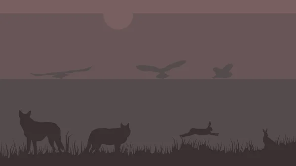 オオカミ ウサギ フクロウのベクトル画像 日の出 日の入り — ストックベクタ