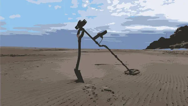Metal Detector Shovel Seashore Low Tide Sandy Beach — Stock Vector