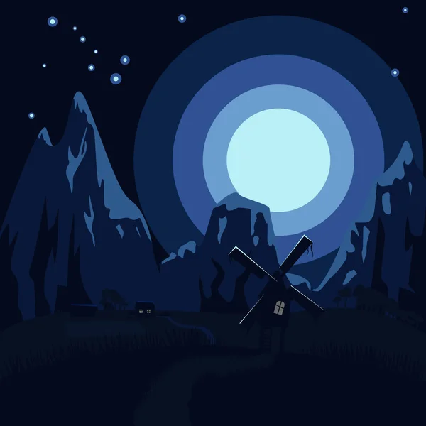 山岳地帯の丘の上にある農場の夜のベクトル風景 北斗七星の星座 ムーンライト — ストックベクタ