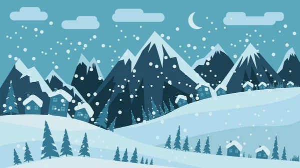 Zimowy Śnieżny Krajobraz Choinek Wzgórz Gór Domów Śnieg Pada Księżyc — Wektor stockowy