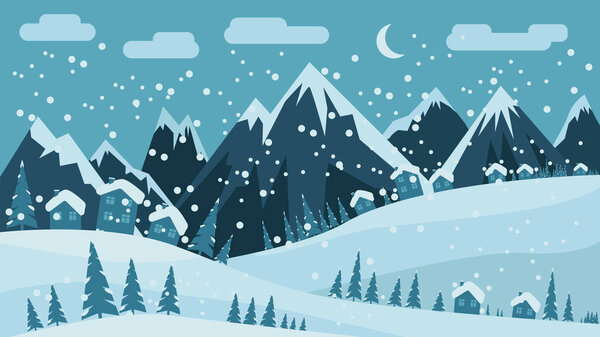Winter Snowy Landscape With Christmas Trees, Hills, Mountains and Houses. Snow is falling, The Moon Is Shining. Cloudy