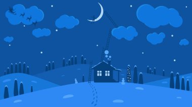 Muhteşem bir kış manzarasının vektör görüntüsü. Yeni yıl ya da Noel, Dilek Gerçekleştirme Zamanı, Noel Baba ve Ay 'a Tırman. Fantezi.