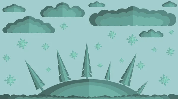 曇り空と雪の結晶を背景にしたクリスマスツリーの冬の島のベクトル画像 フラットスタイル Papercut — ストックベクタ