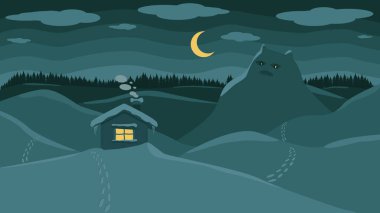 Winter Landscape Where There Is A House In The Snow Under The Moon, Someone's Footprints And A Big Snow Creature