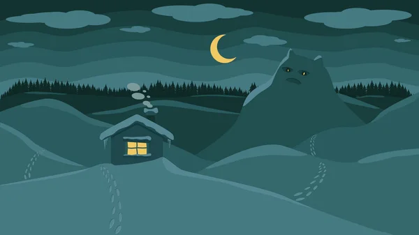 月の下に雪の家がある冬の風景 誰かの足跡と大きな雪の生き物 — ストックベクタ