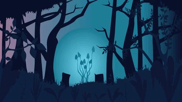 Una Famiglia Magici Funghi Incandescenti Una Misteriosa Foresta Tramonto — Vettoriale Stock