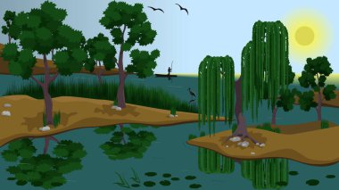 Ağaçlı ve havuzlu adalar (nehir, göl, gölet), güneş parlıyor, kuşlar uçuyor ve bir balıkçı balık tutuyor