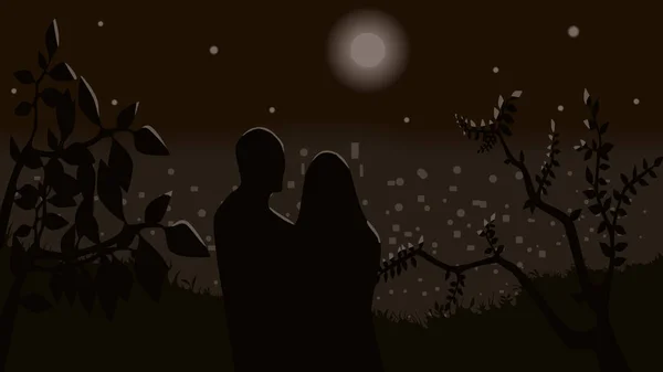 Couple Amoureux Admire Ville Nocturne Une Colline Sous Lune — Image vectorielle