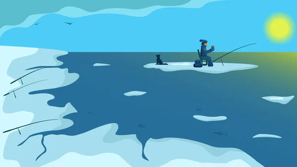 浮氷の上に犬を飼っている漁師 — ストックベクタ
