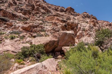 Red Rock Canyon Las Vegas 'taki kırmızı kumtaşı kaya katmanlarının yakın görüntüsü