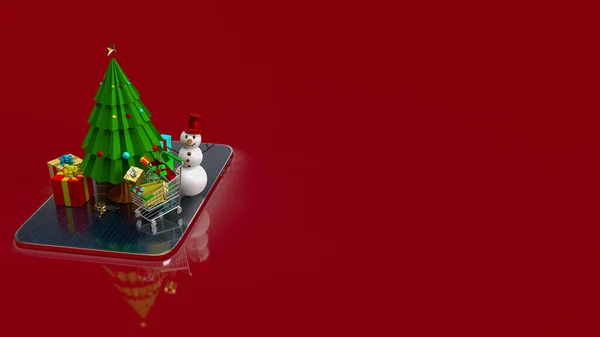 お祝いや休日のコンセプトのためのタブレット上のクリスマスツリーとショッピングカート3Dレンダリング — ストック写真