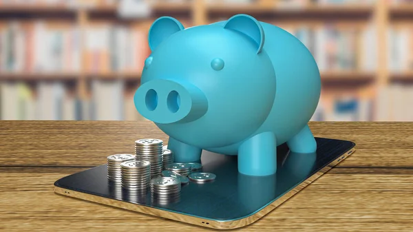 The blue piggy bank and coins on tablet for  property business concept 3d rendering