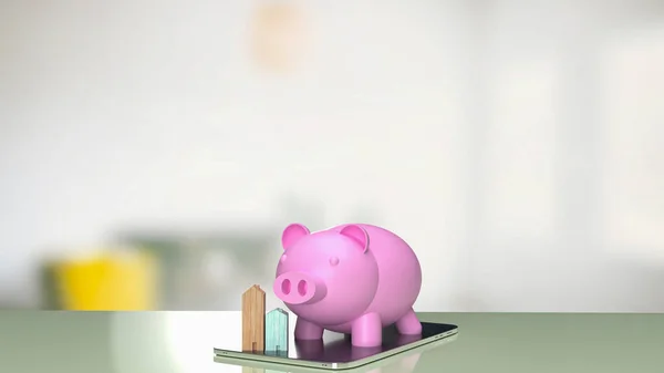 Pink Piggy Bank Wood Home Tablet Property Business Concept Rendering — Stock Photo, Image