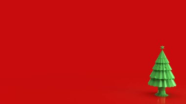 Bayram kutlamaları ya da tanıtım işleri için kırmızı zemin üzerinde yeşil Noel ağacı 3D görüntüleme