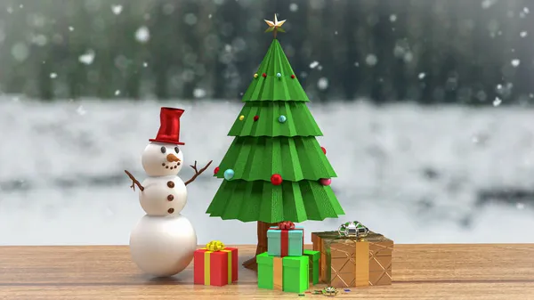 Noel Ağacı Kardan Adam Bayram Kutlaması Tanıtım Amaçlı Ahşap Masanın — Stok fotoğraf