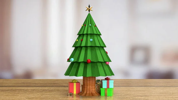 休日のお祝いやプロモーションビジネスの背景のための木製のテーブル上のクリスマスツリー3Dレンダリング — ストック写真