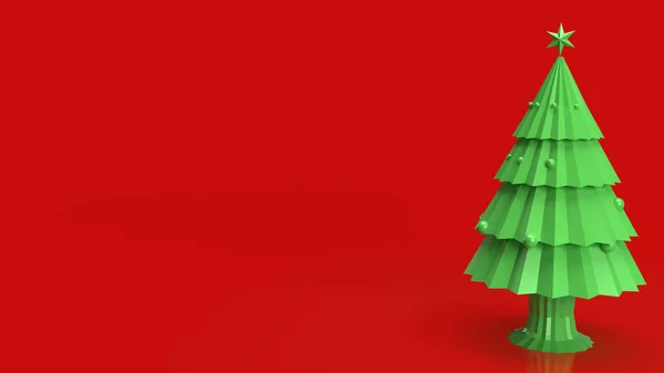 Árbol Navidad Verde Sobre Fondo Rojo Para Celebración Vacaciones Promoción — Foto de Stock
