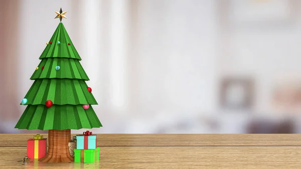 休日のお祝いやプロモーションビジネスの背景のための木製のテーブル上のクリスマスツリー3Dレンダリング — ストック写真