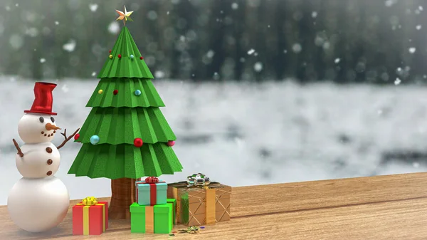 Різдвяна Ялинка Снігова Людина Дерев Яному Столі Святкування Свята Або — стокове фото