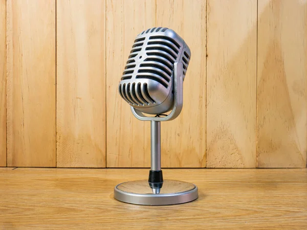 Microfono Vintage Tavolo Legno Podcast Supporti Concep — Foto Stock