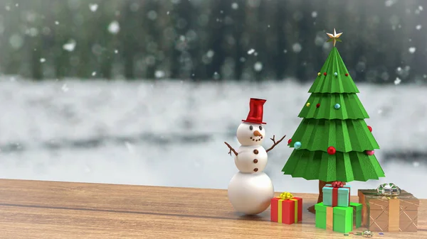 Árbol Navidad Hombre Nieve Mesa Madera Para Celebración Vacaciones Promoción —  Fotos de Stock
