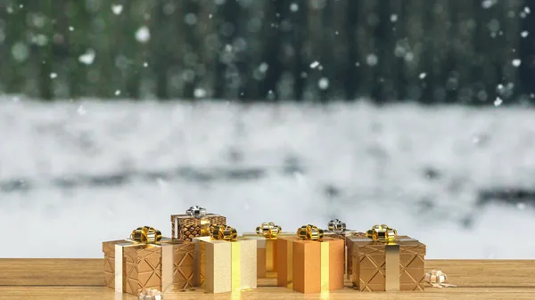 お祝いやビジネスコンセプトのための木製のテーブルの上の金のギフトボックス3Dレンダリング — ストック写真