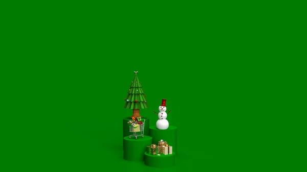 Noel Ağacı Kardan Adam Yeşil Tonda Tatil Konsepti Renderin — Stok fotoğraf