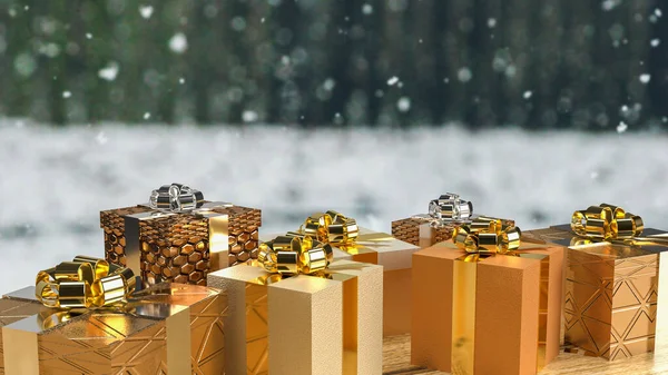 お祝いやビジネスコンセプトのための木製のテーブルの上の金のギフトボックス3Dレンダリング — ストック写真