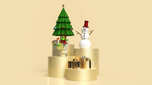 Árbol Navidad Muñeco Nieve Sobre Fondo Oro Para Vacaciones Concepto — Foto de Stock