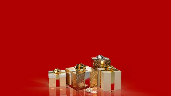 お祝いや休日のコンセプトのための赤い背景の金のギフトボックス3Dレンダリング — ストック写真