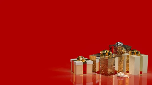 Χρυσό Κουτί Δώρου Κόκκινο Φόντο Για Γιορτή Έννοια Διακοπών Απόδοση — Φωτογραφία Αρχείου