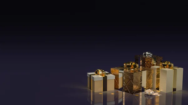 お祝いや休日のコンセプトのための暗い背景に金のギフトボックス3Dレンダリング — ストック写真
