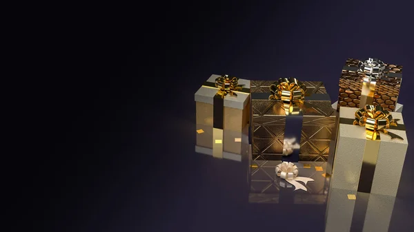お祝いや休日のコンセプトのための暗い背景に金のギフトボックス3Dレンダリング — ストック写真