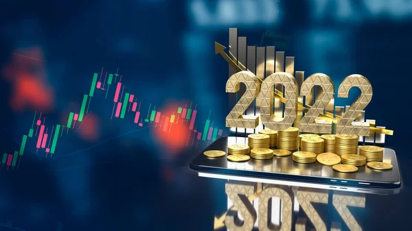 2022ゴールドテキストビジネスチャートとタブレット3Dレンダリング上の金貨 — ストック写真