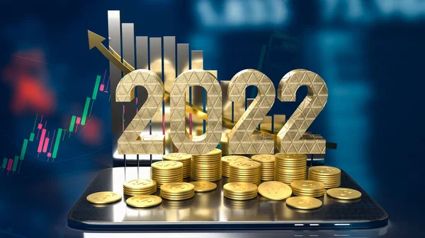 2022 Золотий Текст Бізнес Карти Золоті Монети Планшеті Рендеринга — стокове фото