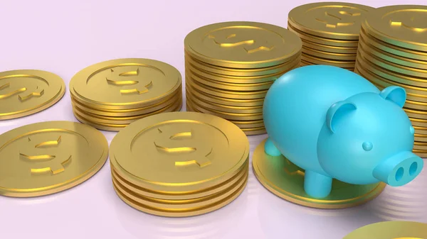 Banco Porquinho Azul Moedas Ouro Para Economia Conceito Negócio Renderização — Fotografia de Stock