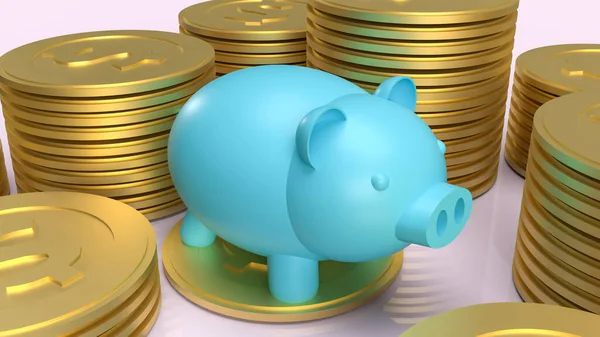 Banco Porquinho Azul Moedas Ouro Para Economia Conceito Negócio Renderização — Fotografia de Stock