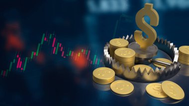 Ayı tuzağı üzerine altın dolar sembolü ve iş konsepti 3D görüntüleme madeni paralar