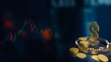 Ayı tuzağı üzerine altın dolar sembolü ve iş konsepti 3D görüntüleme madeni paralar