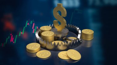 Ayı tuzağı üzerine altın dolar sembolü ve iş konsepti 3D görüntüleme madeni paralar