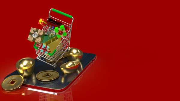 Shopping Cart Chinese Gold Tablet Business Concept Rendering — Foto Stock