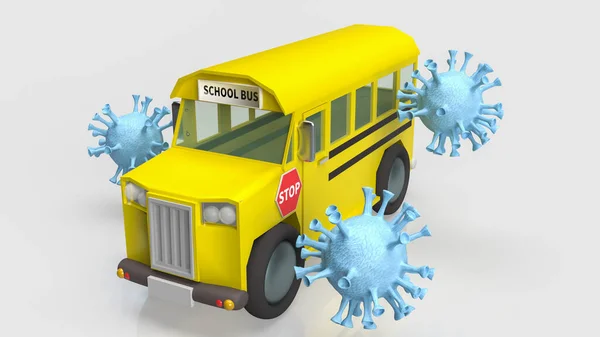 教育や医療の概念のための白い背景にスクールバスやウイルス3Dレンダリング — ストック写真