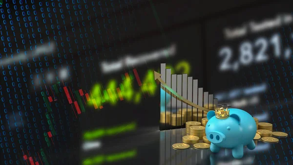 Kék Malac Bank Arany Korona Chart Megtakarítás Vagy Üzleti Koncepció — Stock Fotó
