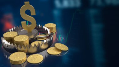 Ayı tuzağı üzerine altın dolar sembolü ve iş konsepti 3D görüntüleme madeni paralar